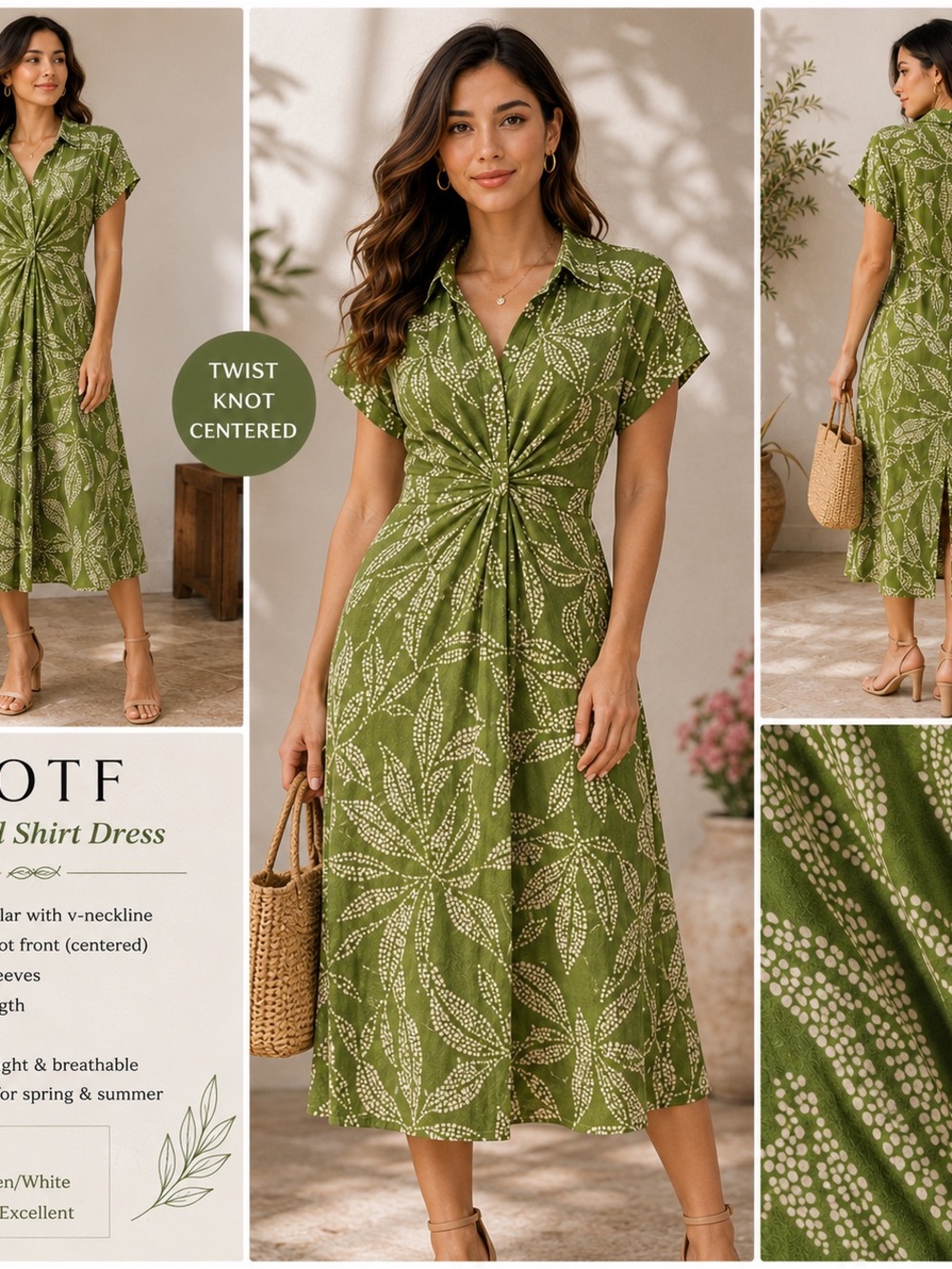 MOTF Olive Green Twist-Knot Midi Shirt Dress
